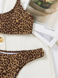 Sexy Wrinkled Bandeau Leopard Print Bikinis Sets Two Pieces Thong Swimsuits Beachwear Bathing Suit Swimwear Biquini