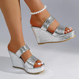 Chunky Wedges Gold Sandals Women Plus Size 42 High Heel Platform Slippers Woman Snake Pattern Pu Leather Summer Sandles Female