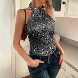 Phantasy Elegant Temperament Neck Sequin Camisole Women T-shirt Sexy Sleeveless Tank Top Female Clothes Tops 2025 Summer