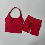 2PCS Seamless Halter Neck Yoga Set Push up Sports Bra And High Waist Butt Lift Fitness Shorts Tummy Control Fitness Wear