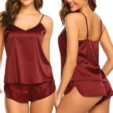 Women's Satin Pajama Set Sexy Sleepwear 2 Piece Loungewear V Neck Cami Top and Shorts Nightwear Solid Color Silk Pjs