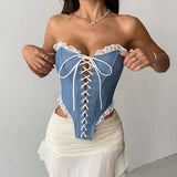 Sexy Imitates Denim Camisole Women Off Shoulder Lace Trim Bandage Cross Slim Fit Fishbone Tank Top 2026 Lady Club Party Vest