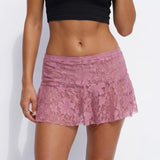 Summer Women Mini Skirts Floral Lace Sheer Elastic Waist A-line Skirt for Beach Vacation Club Cover-ups Streetwear