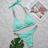 9 Colors Sexy Bikini Women Luxe Crystal Diamond Metal Chain Pit Striped Swimwear Swimsuit Bikinis Set Bathing Suit Beach Bikini