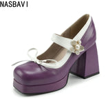 Purple Women Pumps Square Toe 9cm For Women Mary Janes Lolita Block Heel Platform Bowknot Princess Leather Shoes Big Size 34-48