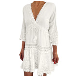 Dresses For Formal Occasions Womens Fashion V Neck Lace Jacquard Seven Quarter Sleeve Bohemian Floral Dress Sexy Beach Sundress