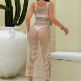 Shiny Sequins Hollow Out Crochet Knitted Tunic Beach Cover Up Cover-ups Beach Dress Mini Beach Wear Beachwear Female Women K6685