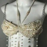 Sexy Women Chain Bras Tops Elegant Pearls Body Jewelry Tasseled Party Clubwear for Summer Vacation Beachwear