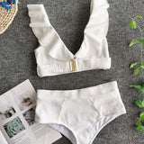 2026 New Sexy Bikini Women White Swimwear Swimsuit Ruffle V-neck Metal Buckle High Waist Beach Bikinis Set Bathing Suit Push Up