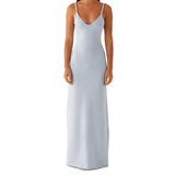 Women Sleeveless Summer Solid Color Twisted Straps Dresses V-Neck Backless Party Club Vacation Beach Long Dresses