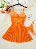 Orange Daisy Floral Lace Sheer Mesh Babydoll Lingerie Set Slip Nightdress With Matching Thong Women Sexy Sleepwear ZA825096