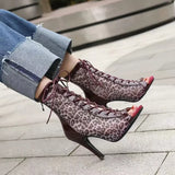 Sexy Leopard Pattern Mesh Thin Heel High Heel for Women Elegant Size 43 Breathable Sandals Lace Up Peep Toe Cool Boots