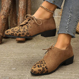 New Patchwork Loepord Pointed Toe Shoes for Women Retro Fax Suede Lacing Pumps Woman Shallow Square Heel Single Shoes Mujer
