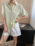 Turn-Down Collar Loose Short-Sleeve Shirt Women White Short Sleeve Shirt Chest Pocket V Neck Button Casual Summer Blouse H9EH