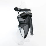 Toucheart Sexy Lingerie One-shoulder Sleeve Body Shaping Jumpsuit Women Push-up Chest Cotton Splicing Mesh Perspective Underwear