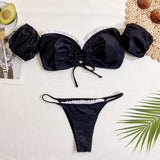 2026 Sexy Bikini Bandeau Women Swimwear Swimsuit Black Short Sleeves White Ruffled Knotted Bikinis Set Bathing Suit Beach Bikini