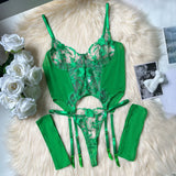 Toucheart Sexy Lingerie Embroidery Printing Bra Garters Set For Women Mesh See- Through Hollow Out Exotic Sexy Underwear Suit