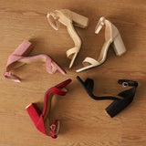 Beige Suede Ankle Strap Block Heel Sandals for Women, Round Open Toe with Rhinestone Accent, Multiple Colors Available