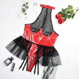 PU Latex Leather Open Crotch Bodysuit for Women Sexy Underwear Lingerie Set Erotic Mesh See Through Costumes