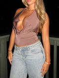 Women's Solid Color Cropped Halter Neck Cami Tops Sleeveless Open Back Deep V Neck Slim Fit Tank Tops