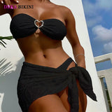 DEKA Love Bandeau Bikini Set Women Tie Side Shiny Ring Metal Hardware High Waisted Solid Ring Swimsuit 3 PCS Swimwear Padde Bra