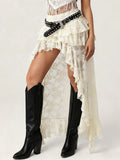 Summer Women Flower Lace Long Skirt Elastic High Waist Layered Ruffle Irregular Skirt Streetwear