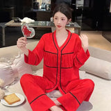 Spring and summer ice silk pajamas for women, sweet pajamas set, long sleeves and trousers, comfortable home clothes