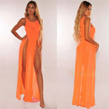 Summer Bikini Cover Up Women Beach Sundress Sexy Mesh Sheer Long Dress Solid See-through Sleeveless Strap Beach Dress