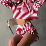 Summer Striped Pajama Sets for Women Sleepwear Long Sleeve Top and Shorts 2 Piece Set Casual Home Wear Loungewear