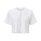 Summer Women's Ruched White Shirts Solid Color Bubble Short Sleeve Button Down Tops Casual Fashion Blouse