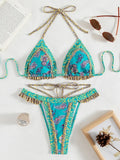 Floral Printed Halter Ruffled Frilled Bikini Women Swimwear Female Swimsuit Two-pieces Bikini set Thong Bathing Suit Swim Lady