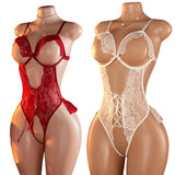 White Red Sexy Lace Underwear Erotic Hollow Bra Set Women Crotchless Bodysuit Transparent Deep V Open Bra Lingerie Set