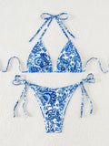 Blue Floral Print 2 Piece Micro Bikini Set for Women 2025 New Push Up Bra Thong Swimsuit Beach Bathing Suit Holiday Swimwear