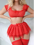 Women's Polka Dot Shoulder Revealing Puffy Skirt Set Sexy Lace Top Skirt Thongs Underwear Suits Mesh Perspective Exotic Sets