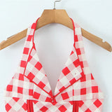 Spring And Summer New Style Sweet Red Plaid Unique Back Drawstring Top Halter Neck V-neck Sexy Slim-fit Tank Top Casual UH75