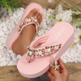 Fashion Flower Decor Wedge Flip Flops Women 2026 Summer Lightweight Platform Slippers Woman Chic Pink Thick Sole Beach Sandles