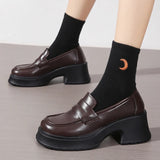 Brown Pu Leather Platform Loafers for Women British Style Round Toe Thick Heel Pumps Woman Slip On High Heels Office Shoes Lady