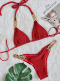 Halter Ribbed Metal Chains Diamond Bikini Women Swimsuit Female Swimwear Two-pieces Bikini Set Bather Bathing Suit Swim Lady