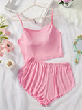 Women's Pajama Set Solid Color Camisole Crop Top and Ruffle Shorts, Sleeveless Soft Sleepwear, Summer Loungewear Outfit