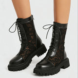 2026 New Big Size 45 Chic Black Lace Mesh Summer Boots Women Round Toe Square Heels Shoelace Zip-up Mid-calf Boots Shoes
