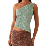 Women's Summer Beaded Sequin Flower Tank Tops Solid Stylish Sparkly Glitter Off One Shoulder Slim Vest Streetwear
