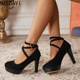Large Size 42 Sexy Super High Heels Shoes for Women Ankle Buckle Chunky Platform Pumps Woman Black Flock Square Heel Party Shoes