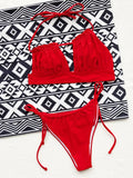 Bikini 2026 Sexy Red Swimwear Swimsuit Women Hollow Pleated Backless Halterneck Bikinis Set Bathing Suit Beach Bikini Female New