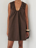 Women Summer Solid Color V Neck Loose Tank Dress Sleeveless Beach Mini Dresses with Pocket