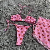 New With Sarong Printed Halter Bikini Female Swimsuit Women Swimwear Three-Pieces Bikini Set Bather Bathing Suit Swim Lady V4156