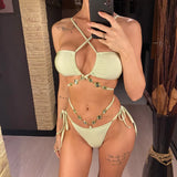 Sexy Diamond Rhinestones Wrap Around Bikini Female Swimsuit Women Swimwear Two-pieces Bikini Set Bather Bathing Suit Swim V5167