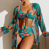 Sexy High Waisted Bikini 3 Pieces Floral Printed Swimsuit Size 3XL-S Women Bikini Set With Mesh Long-Sleeved Blouse Super Sales