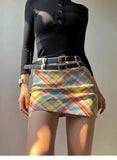 Plaid Double Waistband A-line Short Skirt  Women American Style Street High Waist Casual Collision Color Wrap Hip Skirt OJR7