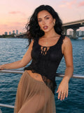 Women Flounce Vest Lace Jacquard Square Neck Tie-up Tank Tops Backless Sleeveless Slim Fit Retro Blouses for Party Club