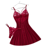 Wine Red Daisy Floral Lace Sheer Mesh Babydoll Lingerie Set Slip Nightdress With Matching Thong Women Sexy Sleepwear ZA825096